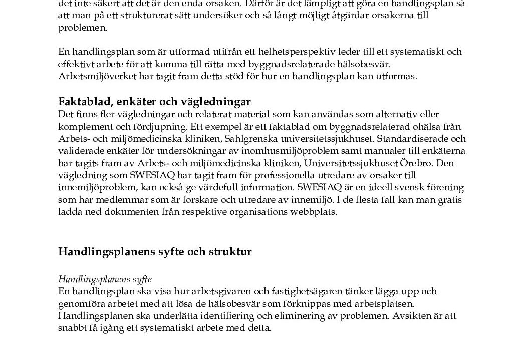 Arbetsmiljöverket (AV). Stöd för utformning av en handlingsplan vid byggnadsrelaterade hälsobesvär