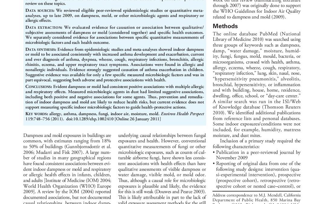 Mendell et al 2011 Respiratory and Allergic Health Effects of Dampness, Mold A Review of the Epidemiologic Evidence